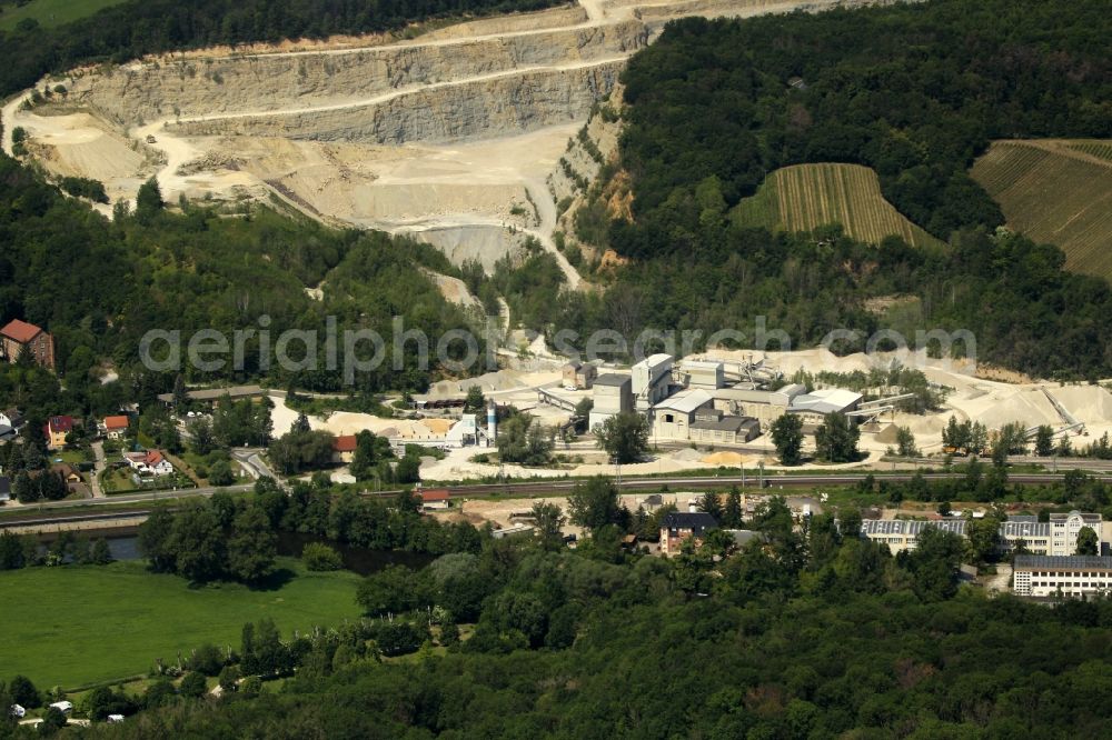 Naumburg (Saale) from above - Quarry for the mining and handling of Kalkstein of the Burgenland Beton GmbH & Co. KG on Thueringer Strasse in the district Bad Koesen in Naumburg (Saale) in the state Saxony-Anhalt, Germany