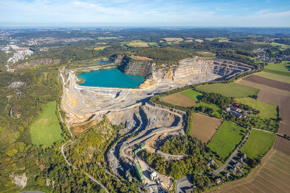 Eisborn from the bird's eye view: Quarry for the mining and handling of limestone in Eisborn in the state North Rhine-Westphalia, Germany