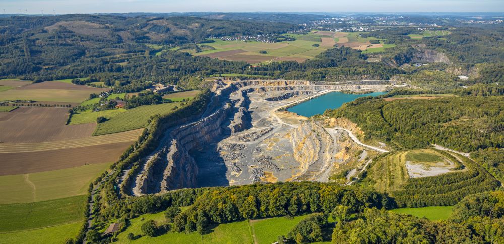 Eisborn from above - Quarry for the mining and handling of limestone in Eisborn in the state North Rhine-Westphalia, Germany