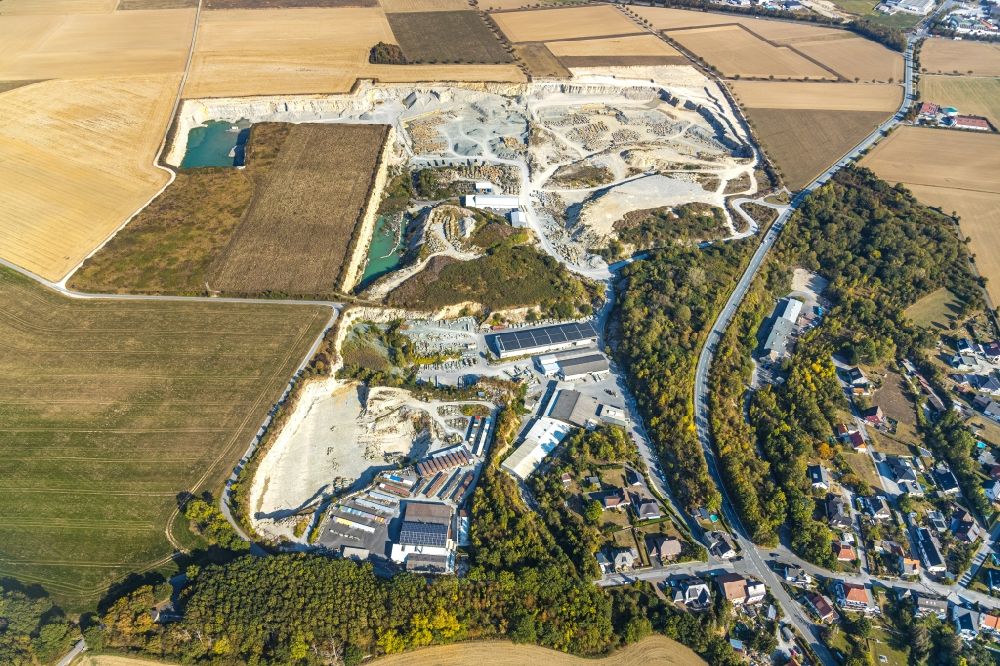 Anröchte from above - Quarry for the mining and handling of limestone on Grabbenweg in the district Klieve in Anroechte in the state North Rhine-Westphalia, Germany