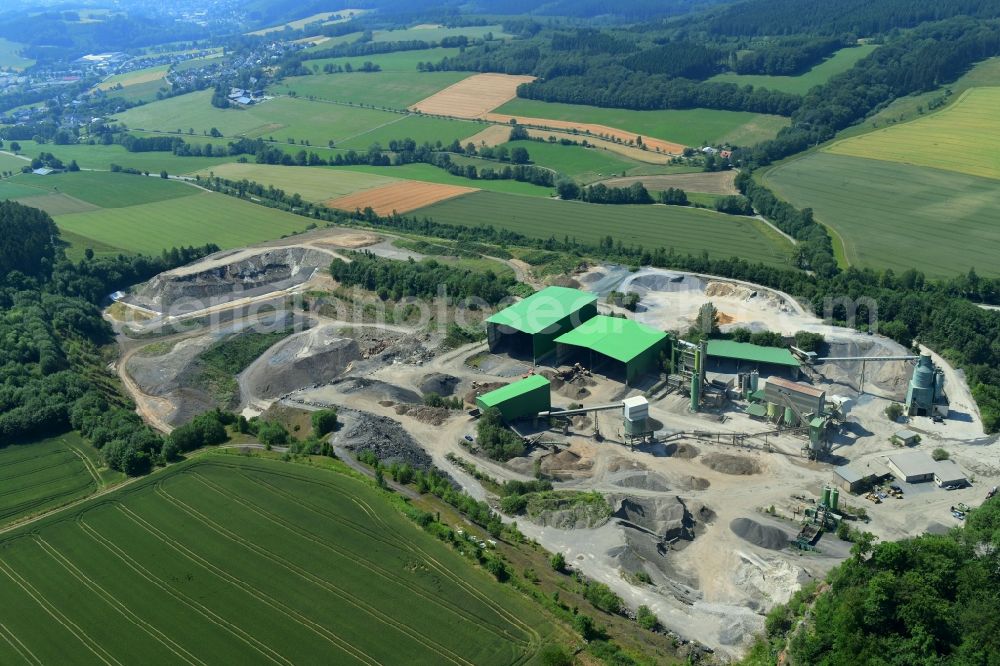Sundern (Sauerland) from above - Quarry for the mining and handling of limestone in the district Hellefeld in Sundern (Sauerland) in the state North Rhine-Westphalia, Germany