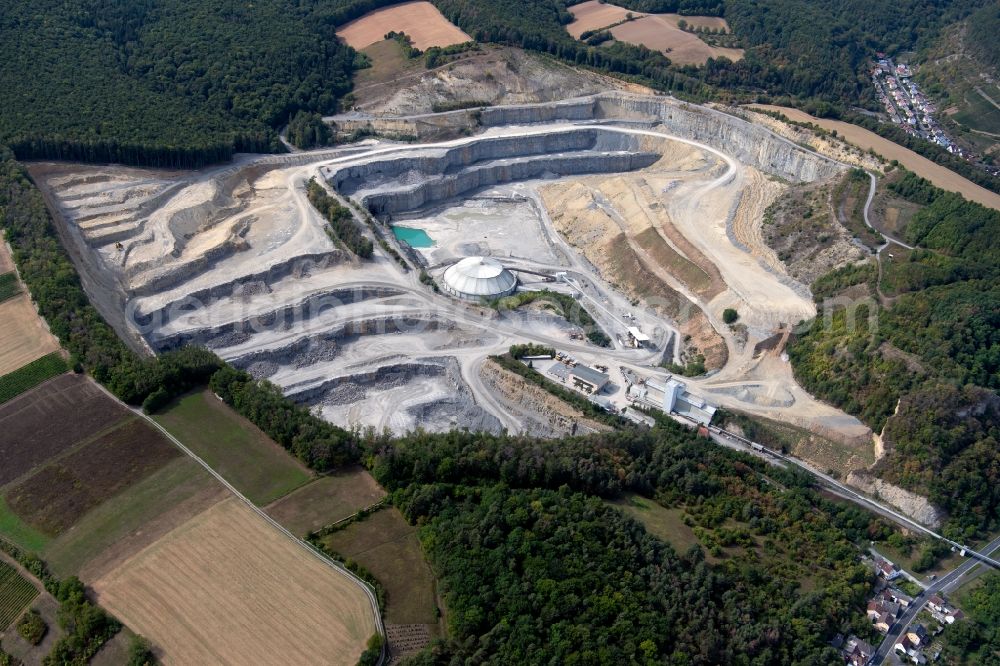 Karlstadt from above - Quarry for the mining and handling of limestone in the district Rohrbach in Karlstadt in the state Bavaria, Germany