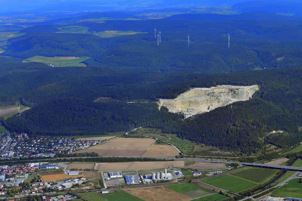 Aerial image Geisingen - Quarry for the mining and handling of limestone and gravel an the offroad park Ultraterrain in Geisingen in the state Baden-Wuerttemberg, Germany