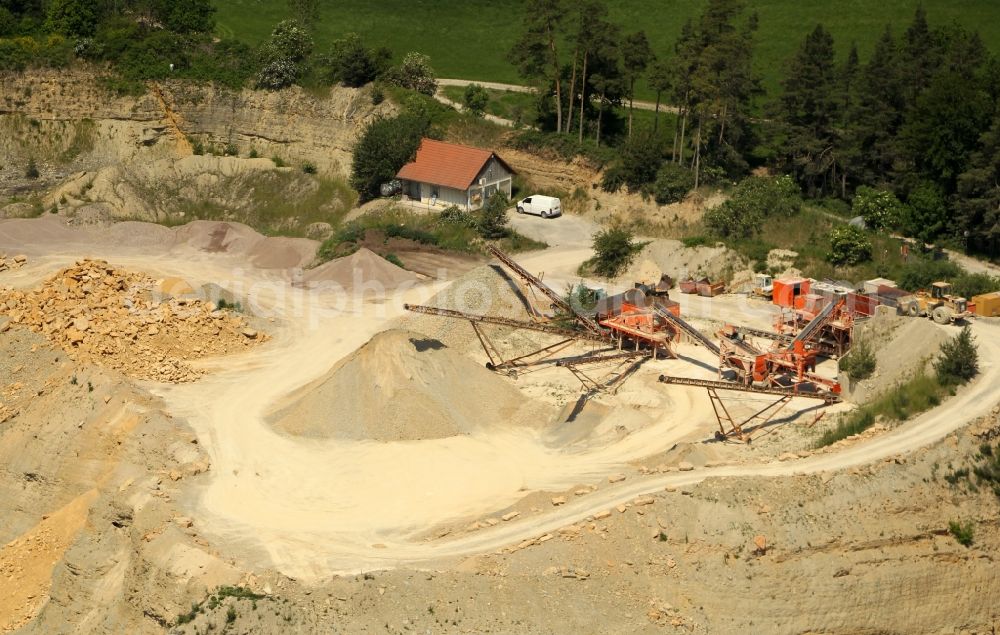 Hohenfelden from above - Quarry for the mining and handling of Kalkstein of Wagner Kieswerke GmbH in Hohenfelden in the state Thuringia, Germany