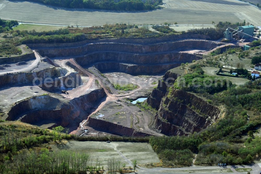 Petersberg from above - Quarry for the mining and handling of Quarzporphyr in the district Krosigk in Petersberg in the state Saxony-Anhalt, Germany