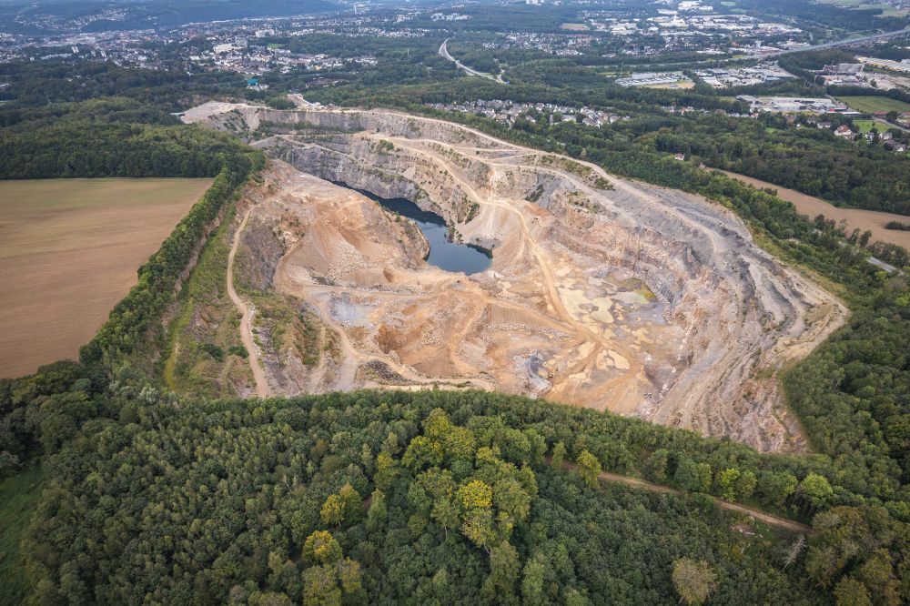 Hagen from above - quarry for the mining and handling of sandstone in the district Herbeck in Hagen at Ruhrgebiet in the state North Rhine-Westphalia, Germany