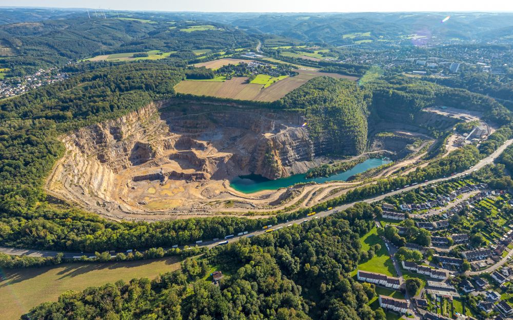 Hagen from above - Quarry for the mining and handling of sandstone in the district Herbeck in Hagen in the state North Rhine-Westphalia, Germany