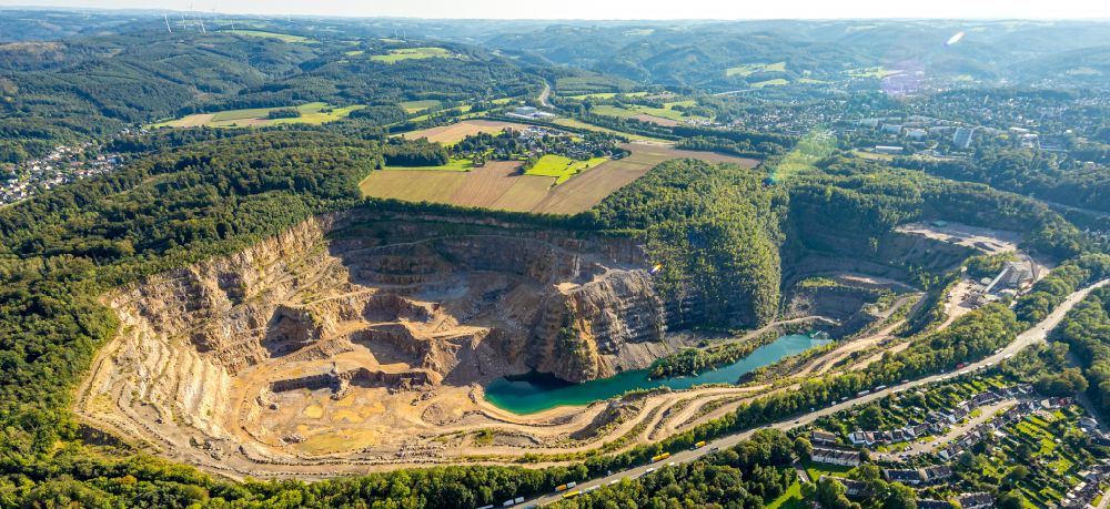 Aerial image Hagen - Quarry for the mining and handling of sandstone in the district Herbeck in Hagen in the state North Rhine-Westphalia, Germany