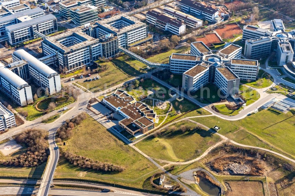 Aerial photograph Walldorf - Star-shaped office buildings of the SAP Deutschland SE & Co. KG at the forest edged in Walldorf in the state Baden-Wuerttemberg