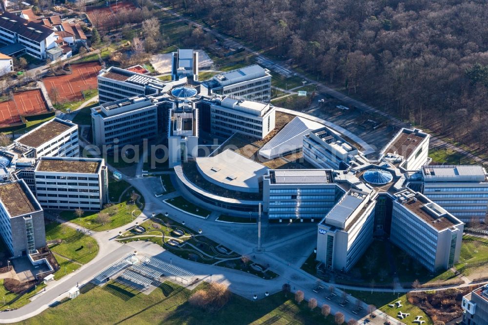 Walldorf from above - Star-shaped office buildings of the SAP Deutschland SE & Co. KG at the forest edged in Walldorf in the state Baden-Wuerttemberg