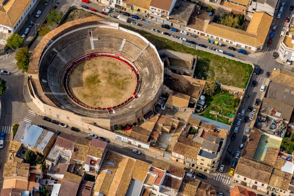 Inca from the bird's eye view: Bull fighting arena in Inca in Balearic Islands, Spain