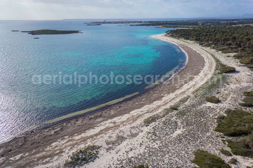 Ses Salines from the bird's eye view: Beach of Ses Salines on the Mediterranean coast of the Spanish Balearic island of Mallorca in Spain
