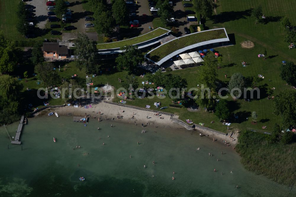 Aerial image Öhningen - Lido Oehningen with sunbathing lawn and open-air gastronomy on the banks of the river Rhine in Oehningen in the state Baden-Wuerttemberg, Germany