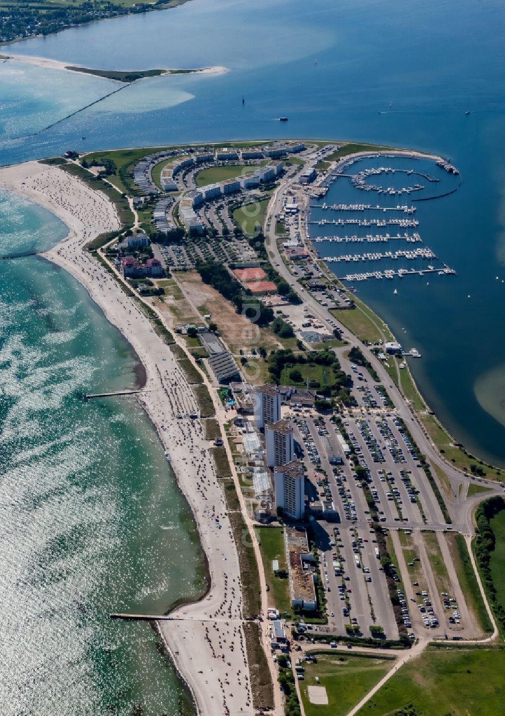Aerial image Fehmarn - Beach chair rows on the sandy beach with holiday resort and beach clinic in the Baltic Sea - coastal area of Burgtiefe in Fehmarn in the state Schleswig-Holstein, Germany
