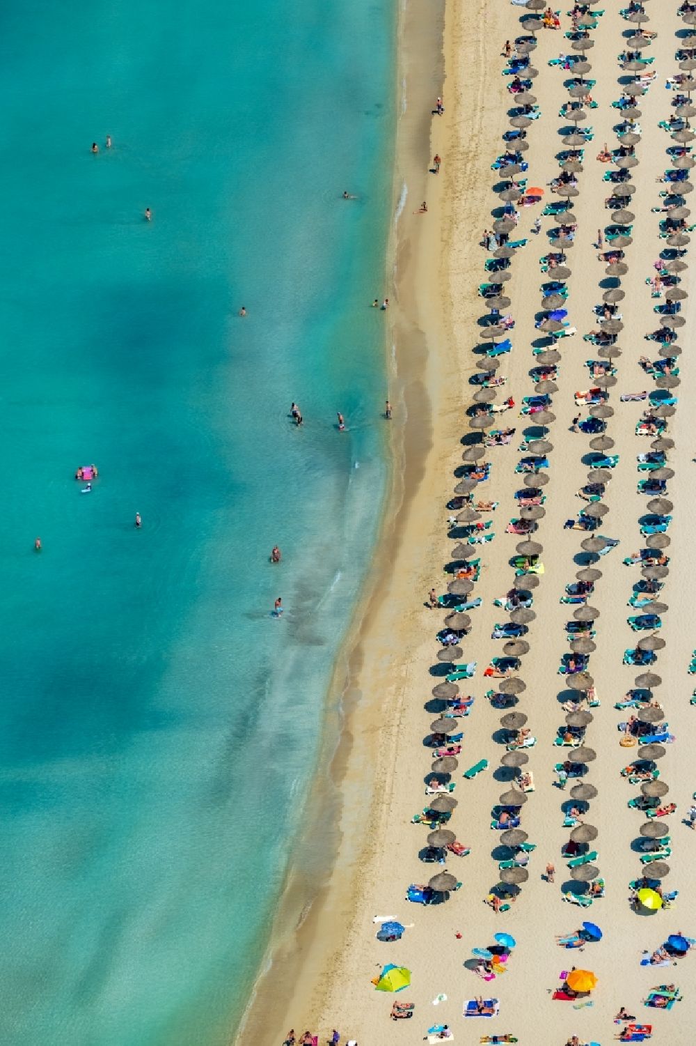 Aerial image Palma - Beach chair on the sandy beach ranks in the coastal area of Ballermann 8 on Carretera de l'Arenal in Palma in Balearic island of Mallorca, Spain