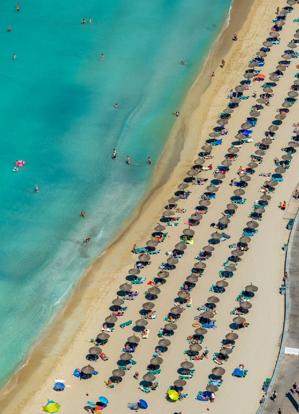 Aerial photograph Palma - Beach chair on the sandy beach ranks in the coastal area of Ballermann 8 on Carretera de l'Arenal in Palma in Balearic island of Mallorca, Spain