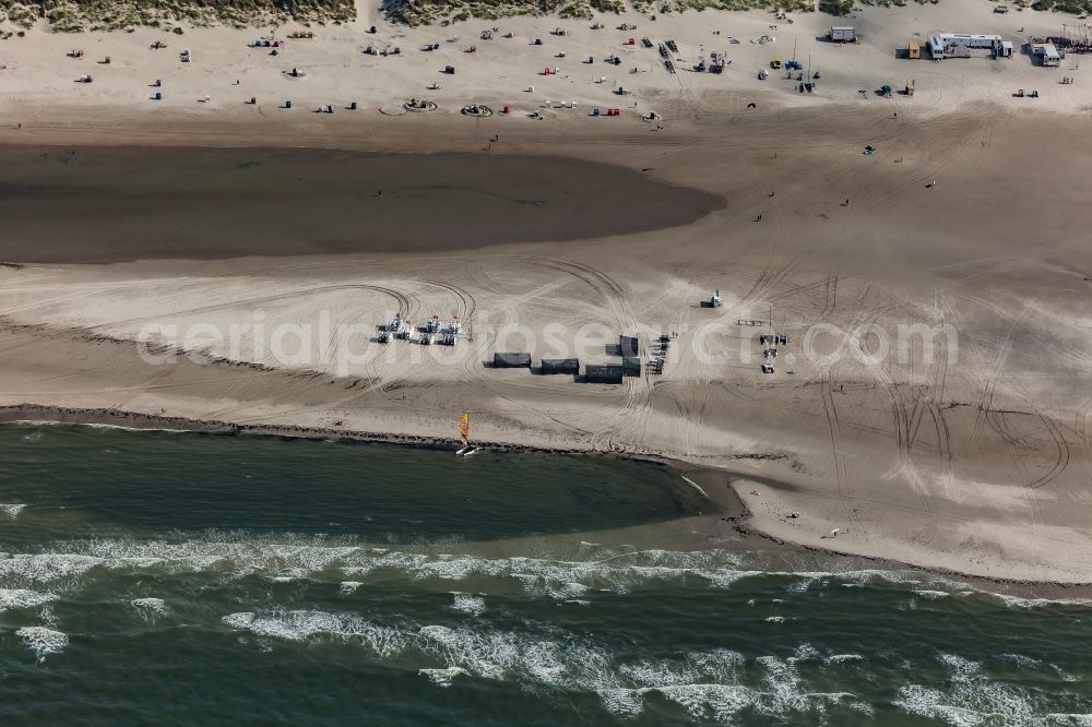 Aerial image Amrum - Beach chair on the sandy beach ranks in the coastal area in Norddorf in Amrum North Friesland in the state Schleswig-Holstein, Germany