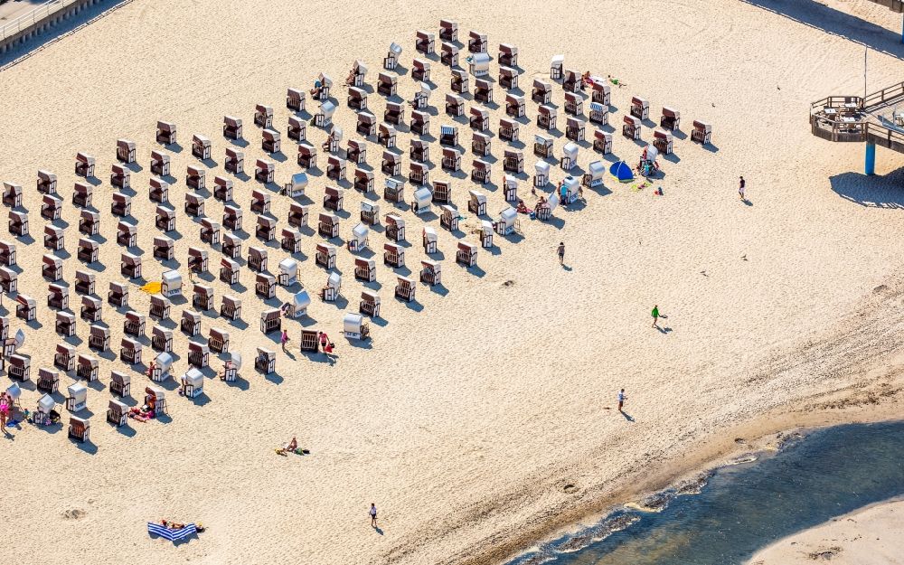 Sellin from above - Beach chair on the sandy beach ranks in the coastal area the Baltic Sea in Sellin in the state Mecklenburg - Western Pomerania