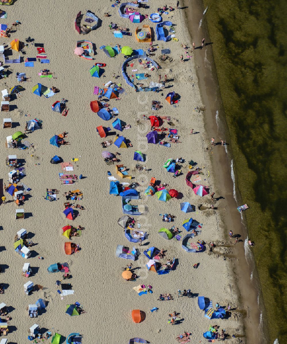 Aerial image Zinnowitz - Beach chair on the sandy beach ranks in the coastal area the Baltic Sea on street Strandpromenade in Zinnowitz in the state Mecklenburg - Western Pomerania