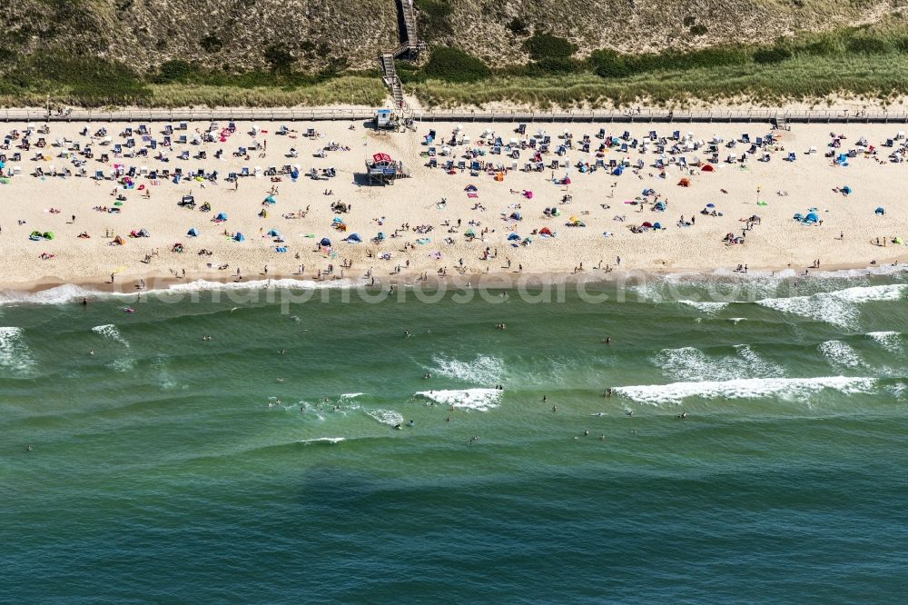 Sylt from above - Beach chair on the sandy beach ranks in the coastal area von Westerland in Sylt in the state Schleswig-Holstein, Germany