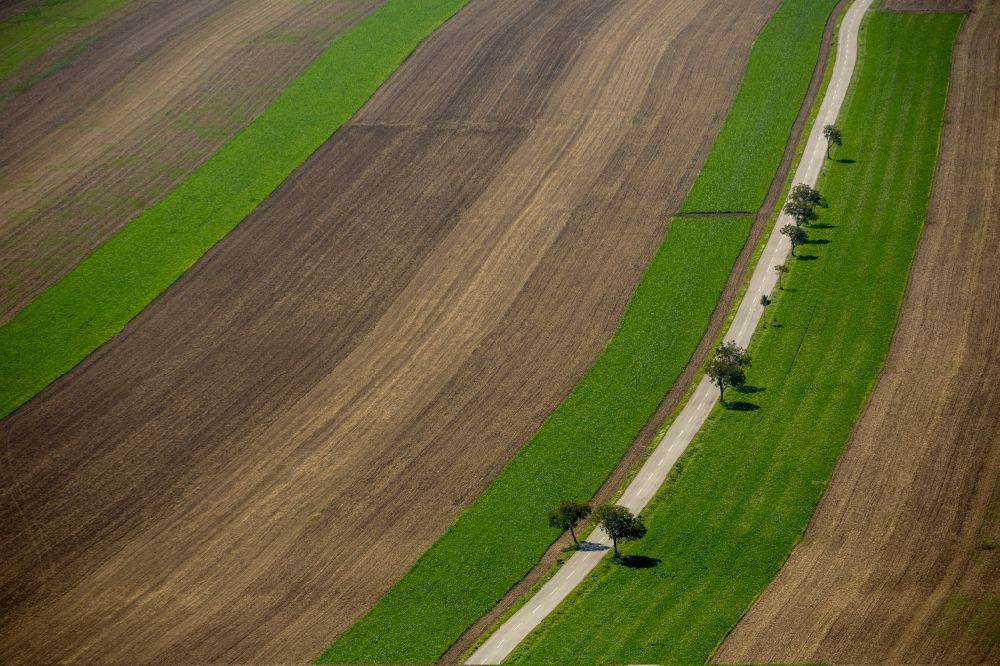 Aerial image Schwechat - The course of a road surrounded by fields near the city Schwechat in the state Lower Austria in Austria. It is the country road 2063 (L2063)