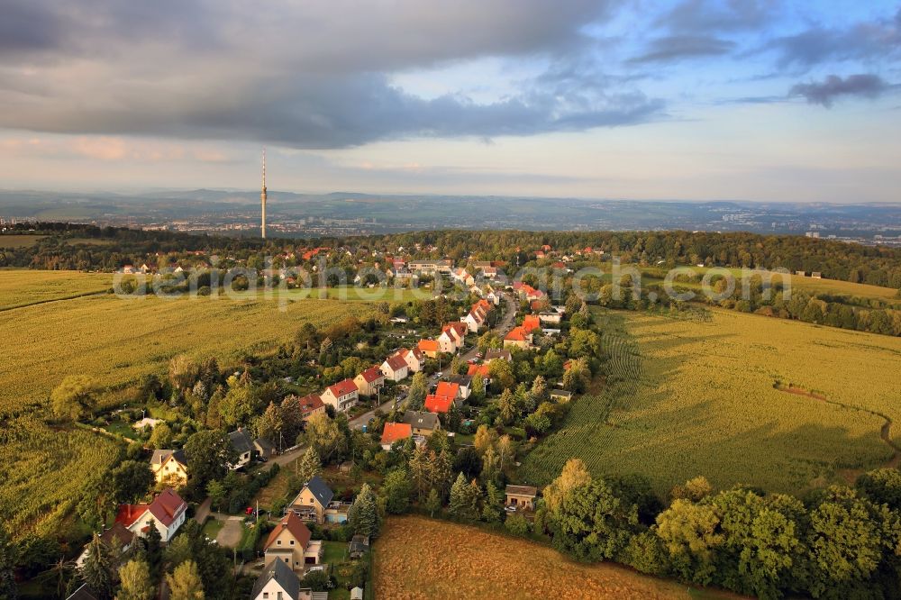 Aerial photograph Dresden - Street with houses in Dresden-Rochwitz in the state Saxony, Germany. In the background the TV tower of Dresden