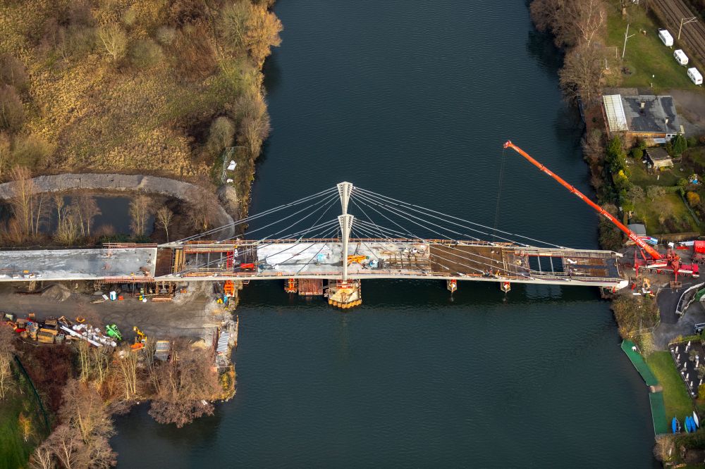 Aerial photograph Essen - Construction site of road bridge Kampmannbruecke about the Ruhr in Essen in the state North Rhine-Westphalia