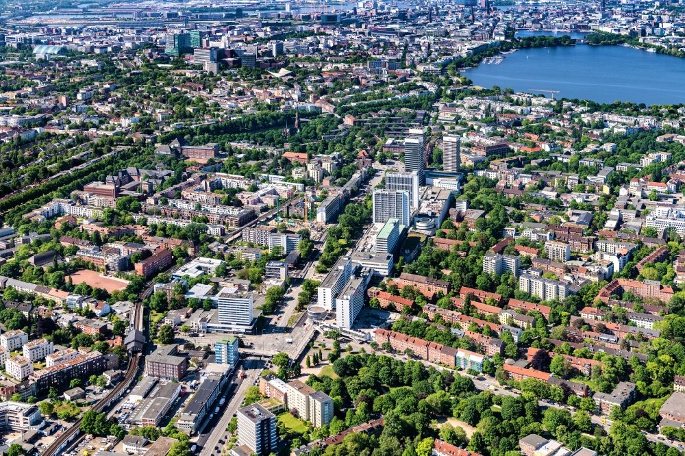 Hamburg from the bird's eye view: Street guide of famous promenade and shopping street of Hamburger Strasse with high-rise buildings - commercial buildings and the shopping center Hamburger Meile in the district Barmbek-Sued in Hamburg, Germany