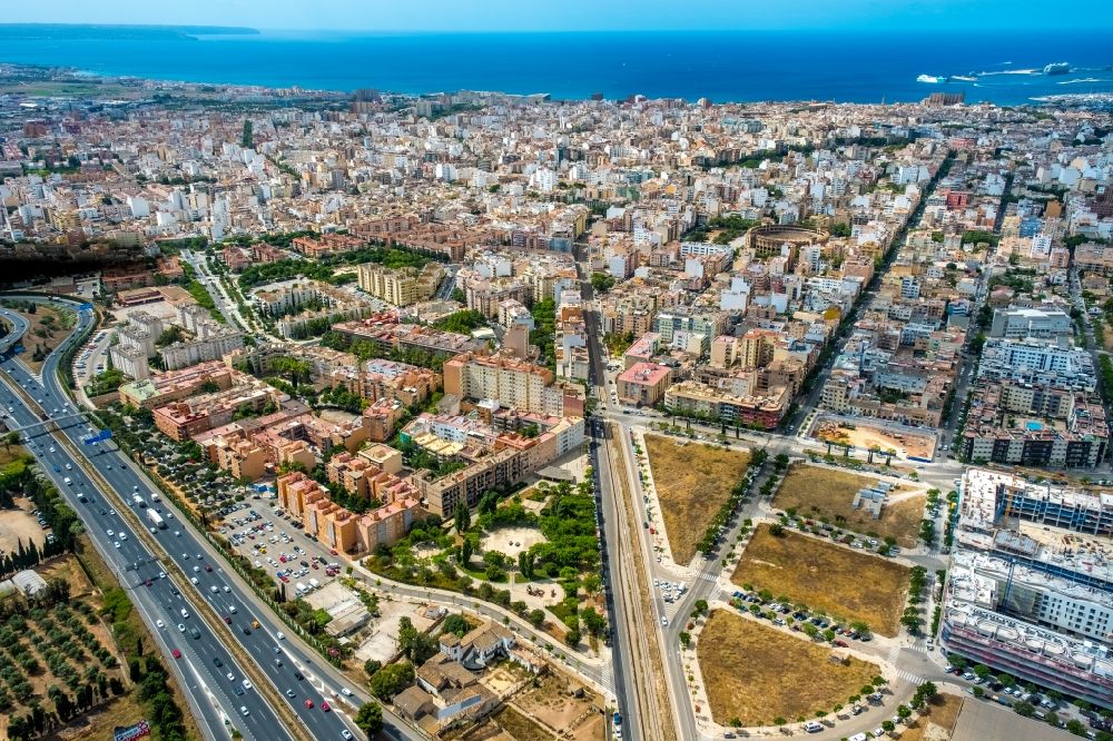 Palma from the bird's eye view: Street - road guidance of the Cami Son Hugo - Carrer de la ConcA?rdia overlooking the inner city in Palma in Islas Baleares, Spain