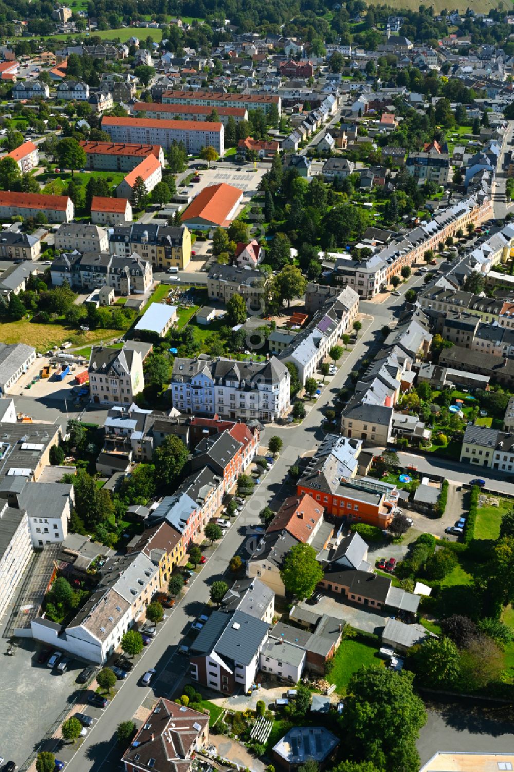 Treuen from above - Street guide of famous promenade and shopping street Bahnhofstrasse in Treuen in the state Saxony, Germany