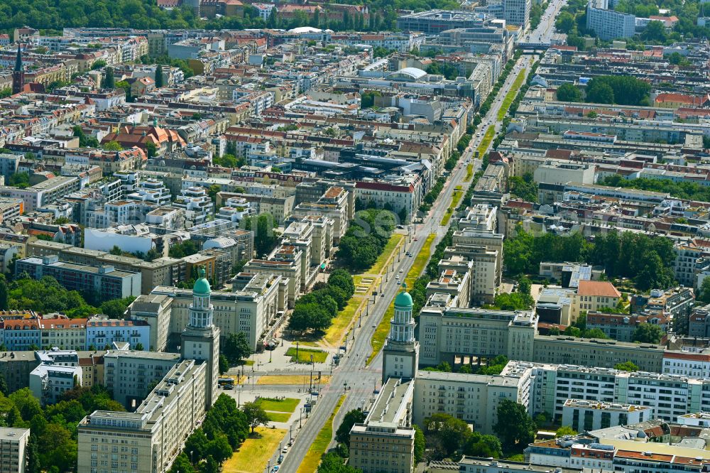 Berlin from above - Street guide of famous promenade and shopping street Frankfurter Allee in the district Friedrichshain in Berlin, Germany