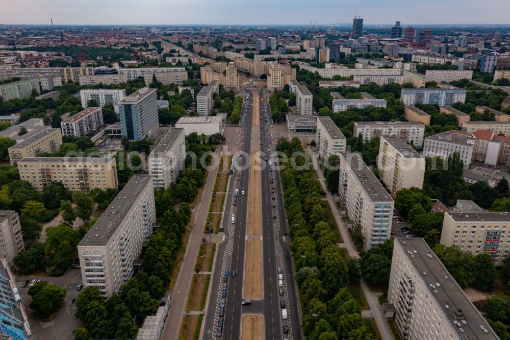 Aerial image Berlin - Street guide of famous promenade and shopping street Karl-Marx-Allee in the district Mitte in Berlin, Germany
