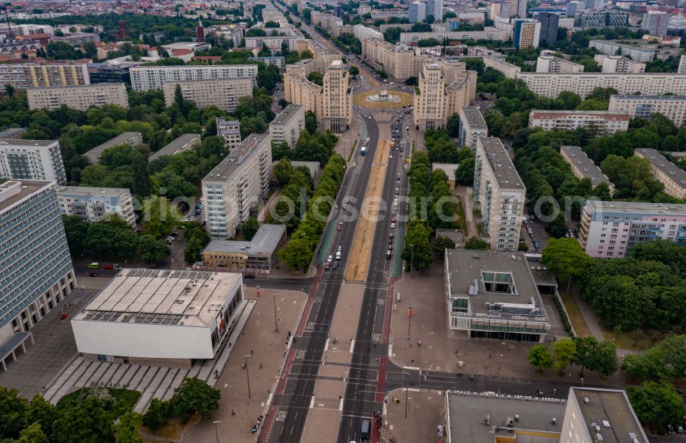 Berlin from above - Street guide of famous promenade and shopping street Karl-Marx-Allee in the district Mitte in Berlin, Germany