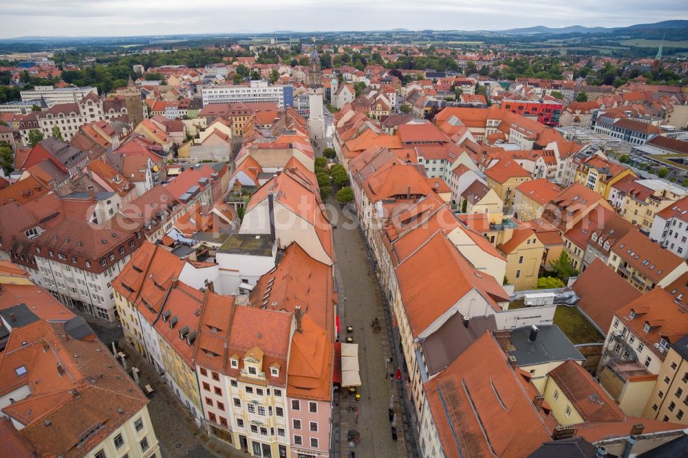 Bautzen from above - Street guide of famous promenade and shopping street Reichenstrasse in Bautzen in the state Saxony, Germany