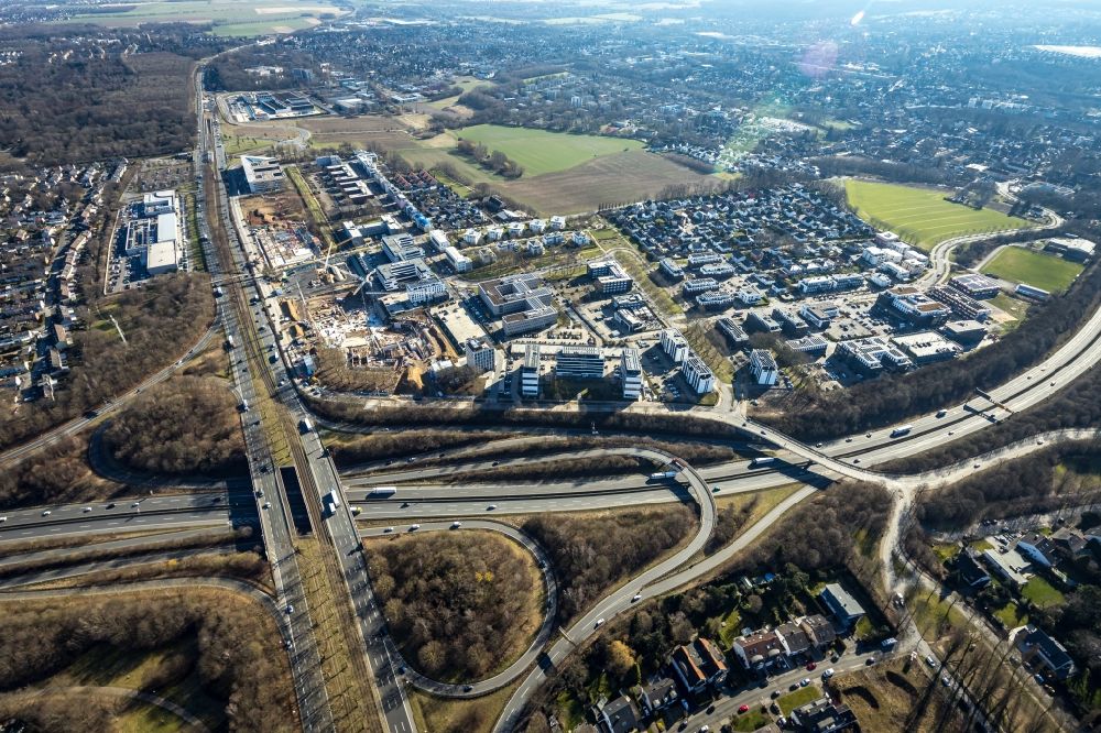 Aerial image Dortmund - Looped street - road guidance of B1 - B236 and commercial area on Freie-Vogel-Strasse - Stockholmer Allee - Lisboner Allee in the district Gartenstadt-Sued in Dortmund in the state North Rhine-Westphalia, Germany