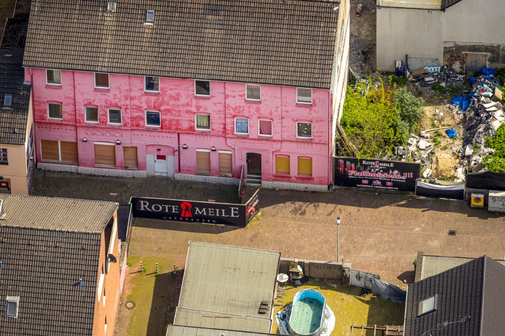 Oberhausen from above - Street and prostitution center for commercial sex service on street Flasshofstrasse in Oberhausen at Ruhrgebiet in the state North Rhine-Westphalia, Germany