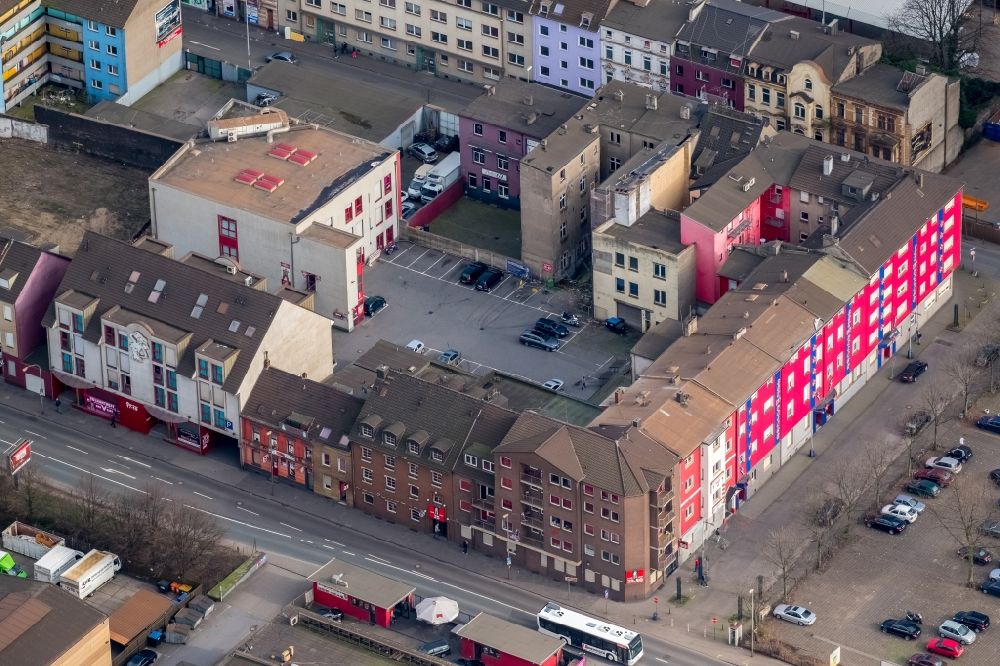 Aerial photograph Duisburg - Street and prostitution center for commercial sex service in the district Neuenkamp in Duisburg in the state North Rhine-Westphalia