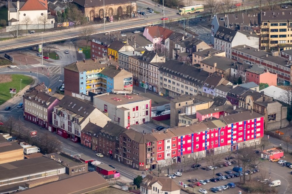 Aerial photograph Duisburg - Street and prostitution center for commercial sex service in the district Neuenkamp in Duisburg in the state North Rhine-Westphalia