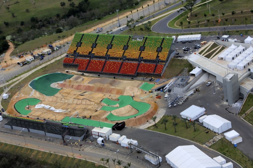 Rio de Janeiro from the bird's eye view: Range of BMX racetrack - Parkour in the Olympic zone Deodoro designed by Tom Ritzenthaler before the Summer Olympics of XXXI. Olympics in Rio de Janeiro in Brazil