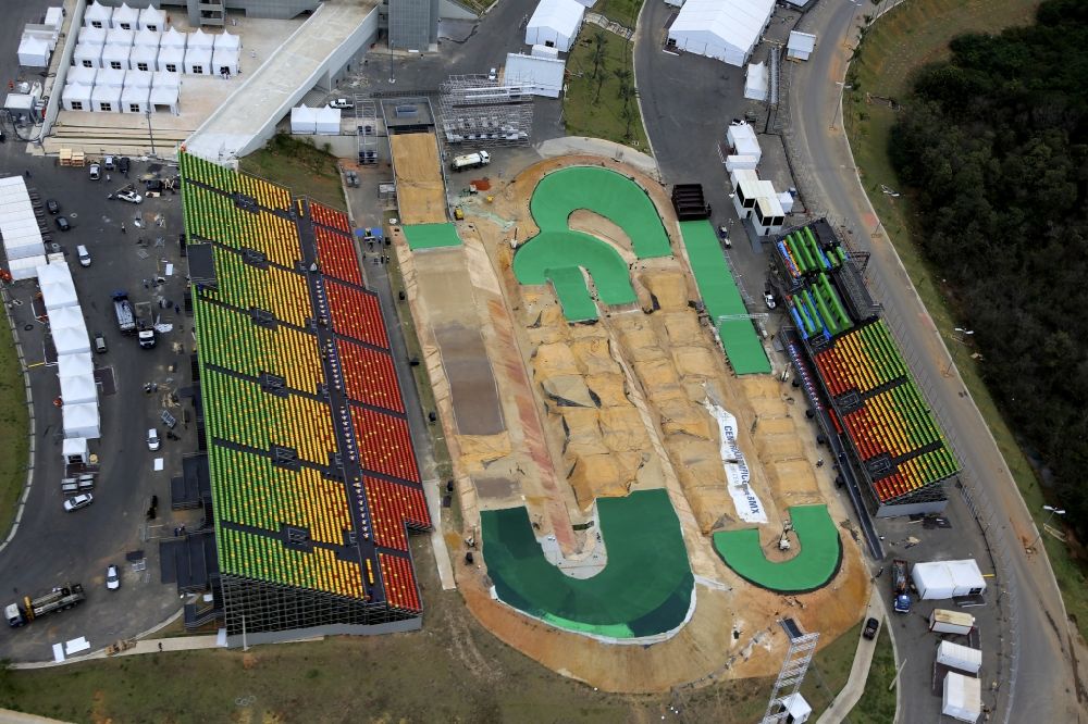 Aerial image Rio de Janeiro - Range of BMX racetrack - Parkour in the Olympic zone Deodoro designed by Tom Ritzenthaler before the Summer Olympics of XXXI. Olympics in Rio de Janeiro in Brazil