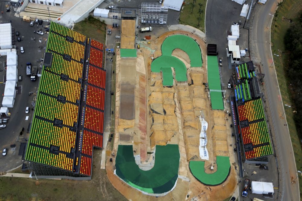 Aerial photograph Rio de Janeiro - Range of BMX racetrack - Parkour in the Olympic zone Deodoro designed by Tom Ritzenthaler before the Summer Olympics of XXXI. Olympics in Rio de Janeiro in Brazil