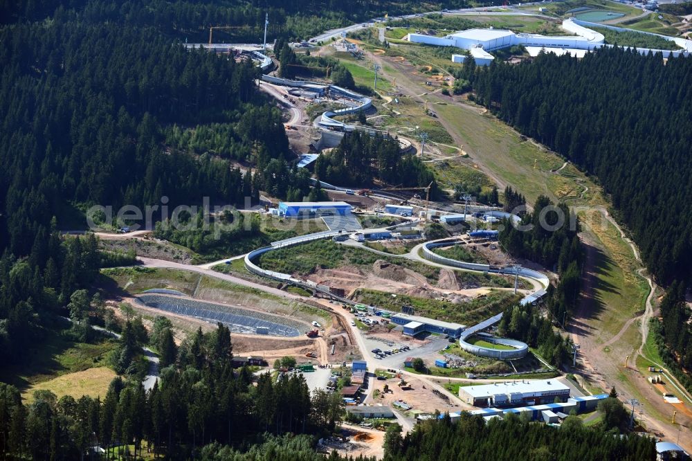 Oberhof from above - Route of the racing toboggan run at the bike park in Oberhof in the state Thuringia, Germany