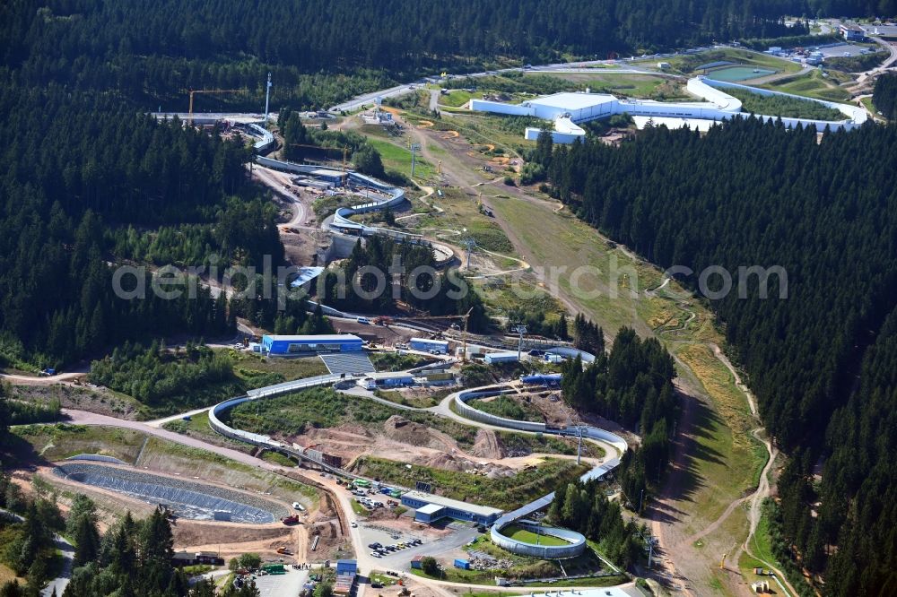 Oberhof from the bird's eye view: Route of the racing toboggan run at the bike park in Oberhof in the state Thuringia, Germany