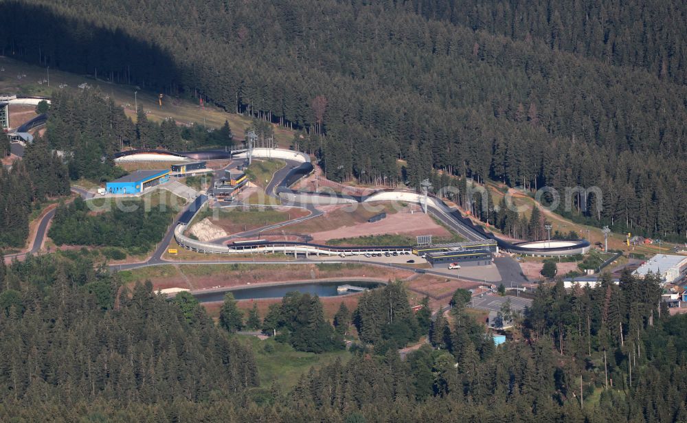 Aerial image Oberhof - Route of the racing toboggan run at the bike park in Oberhof in the state Thuringia, Germany