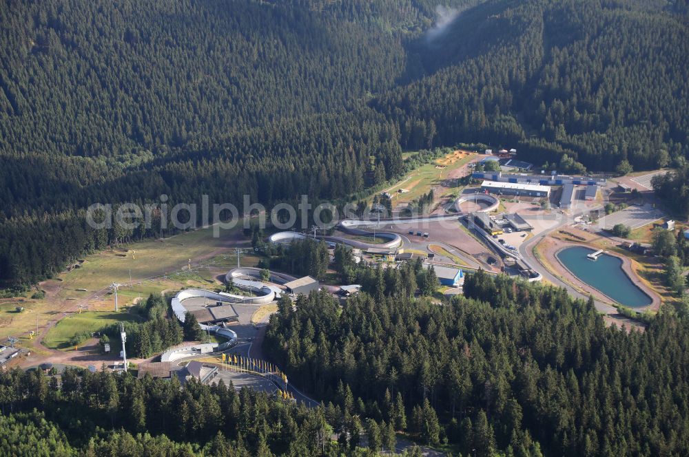 Aerial photograph Oberhof - Route of the racing toboggan run at the bike park in Oberhof in the state Thuringia, Germany