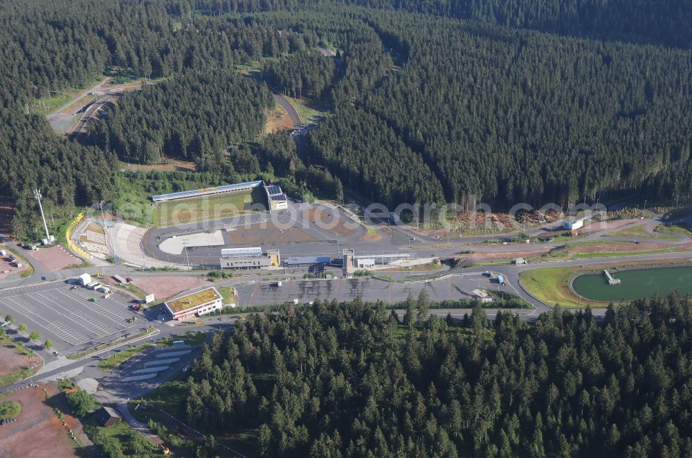 Oberhof from the bird's eye view: Route of the racing toboggan run at the bike park in Oberhof in the state Thuringia, Germany