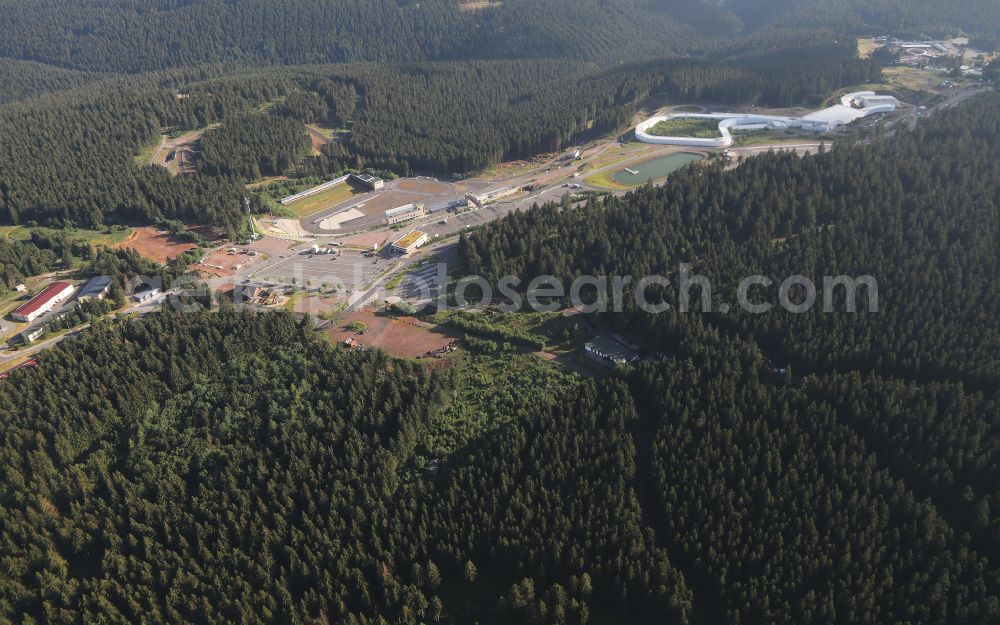Aerial image Oberhof - Route of the racing toboggan run at the bike park in Oberhof in the state Thuringia, Germany