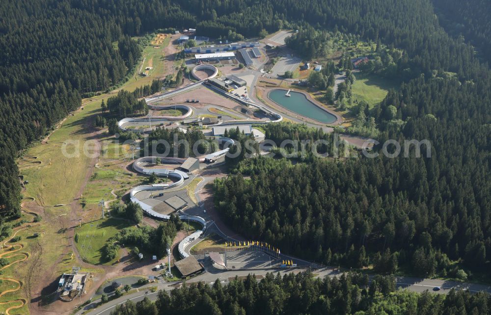 Oberhof from above - Route of the racing toboggan run at the bike park in Oberhof in the state Thuringia, Germany