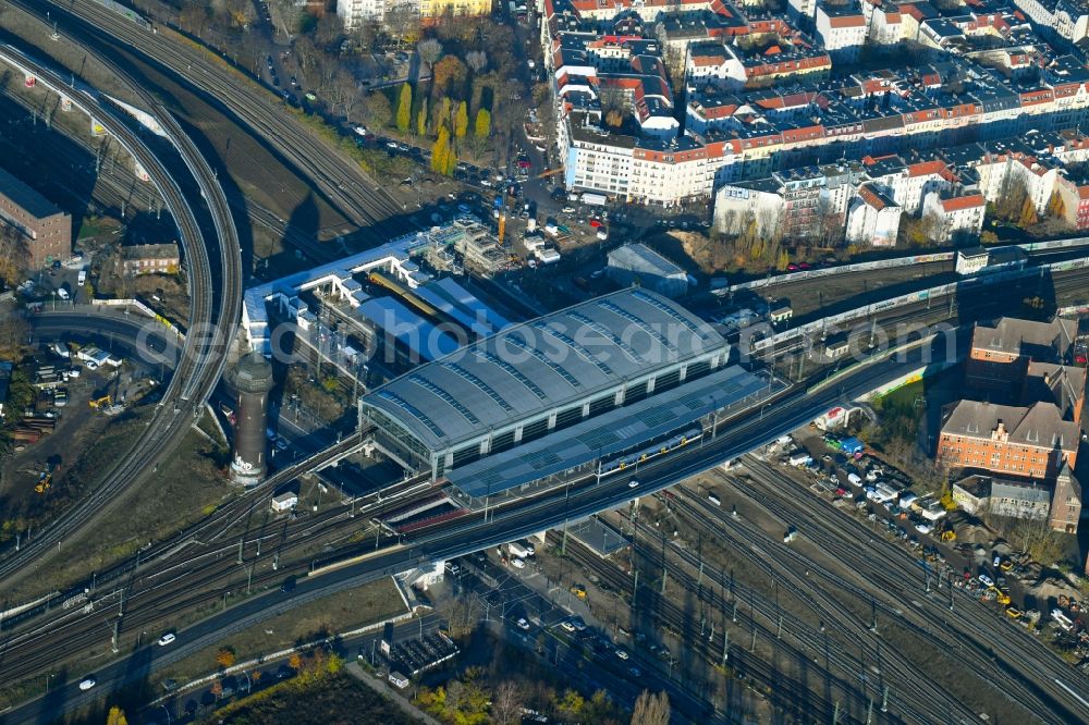 Berlin from above - Route expansion station - Warschauer road to east cross rail station Ostkreuz Friedrichshain district of Berlin
