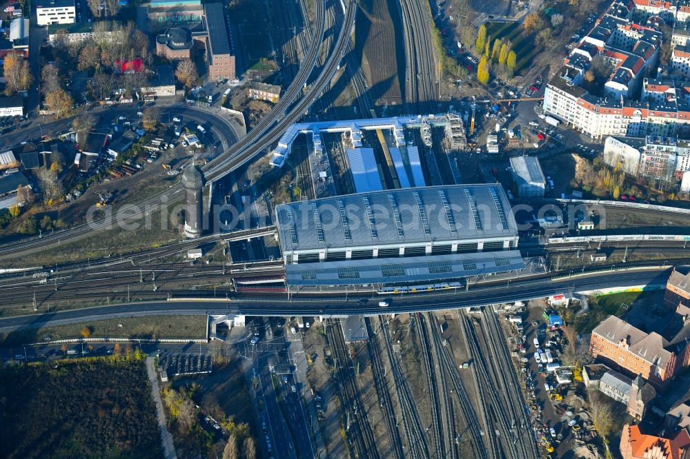 Berlin from the bird's eye view: Route expansion station - Warschauer road to east cross rail station Ostkreuz Friedrichshain district of Berlin